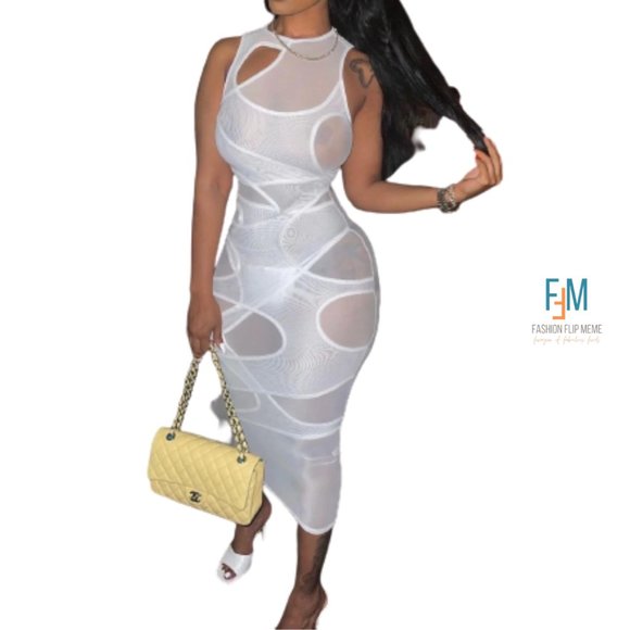 New! Sleeveless Sheer Mesh Fishnet Cut Out Bodycon Sheath Dress - Picture 7 of 8